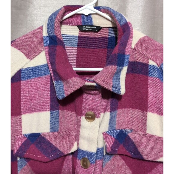 Women's Flannel Shacket Size XL Button Up Long Sleeve Warm Plaid Purple Pink - Picture 10 of 16